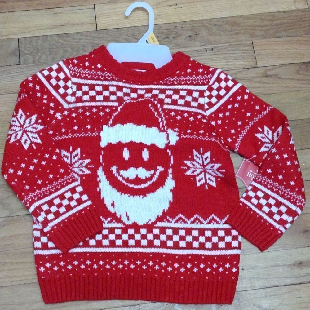 Holiday Time Kids Red & White Santa Emoji Ugly Christmas Sweater sz XS 4/5